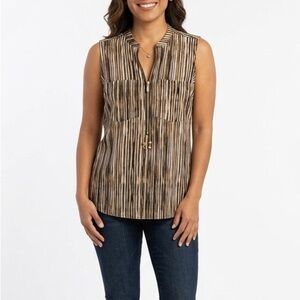 Michael Michael Kors Womens Sleeveless Blouse Size 10 Brown Striped Half Zip